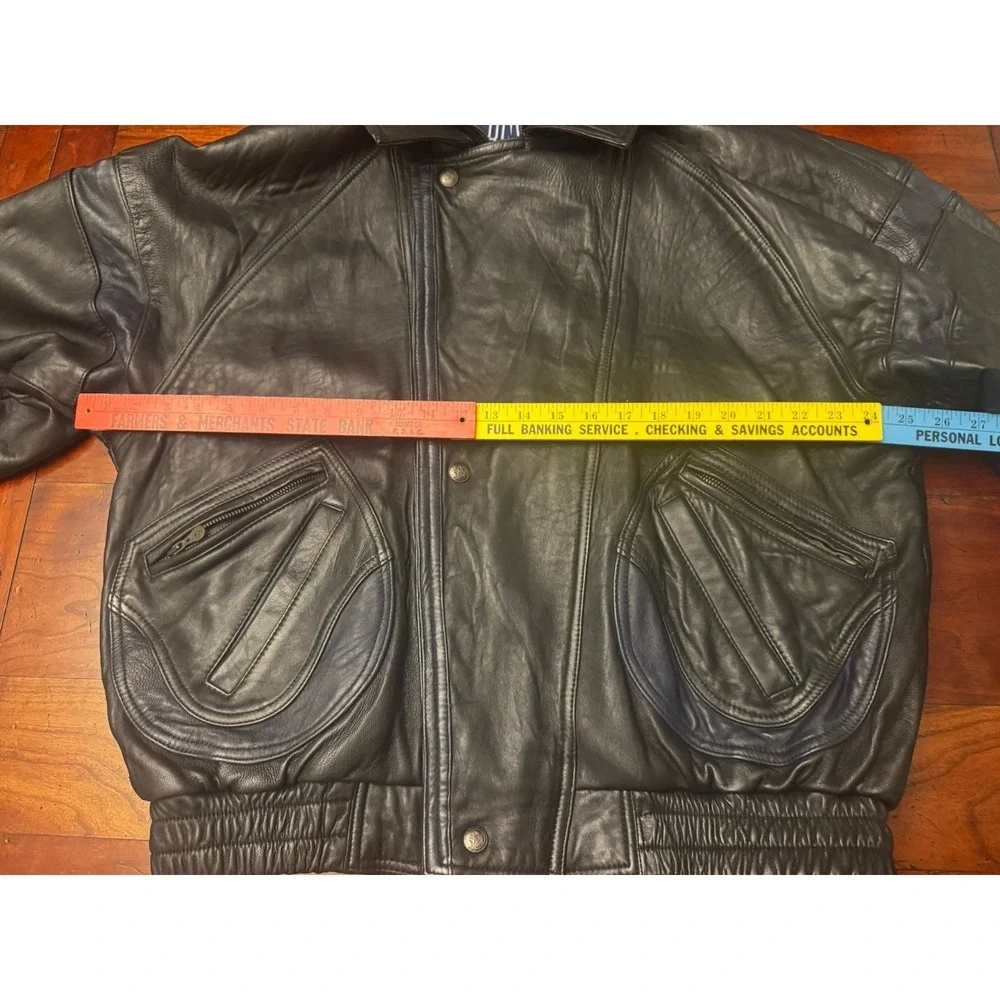 Beyond Leather Classic Bomber Motorcycle Black w/Blue Trim‎ Leather Jacket Large